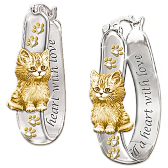 The Bradford Exchange Silver / 24K Gold CATS Fill A Heart With Love Earrings - Picture 8 of 9